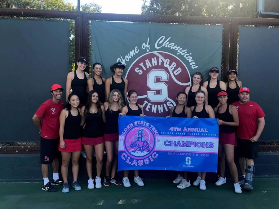 Varsity Girls Tennis celebrates their victory at the Golden State Tennis Classic.