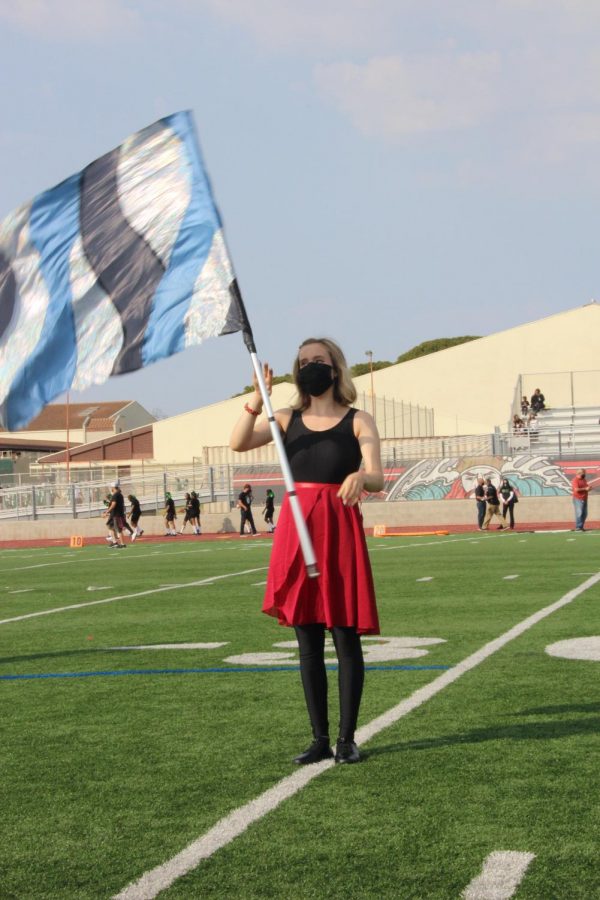 Color+guard+captain%2C+Madeline+Smith%2C+performing+at+halftime+during+PVHS+vs+Inglewood+football+game.+%0A%28Photo+by+Cynthia+Mindicino%29