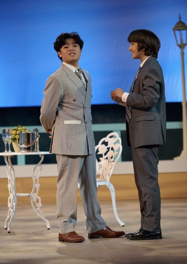 Josh Munoz (left) performs in “One Man, Two Guvnors” alongside senior Neela David. (Photo courtesy of Josh Munoz)