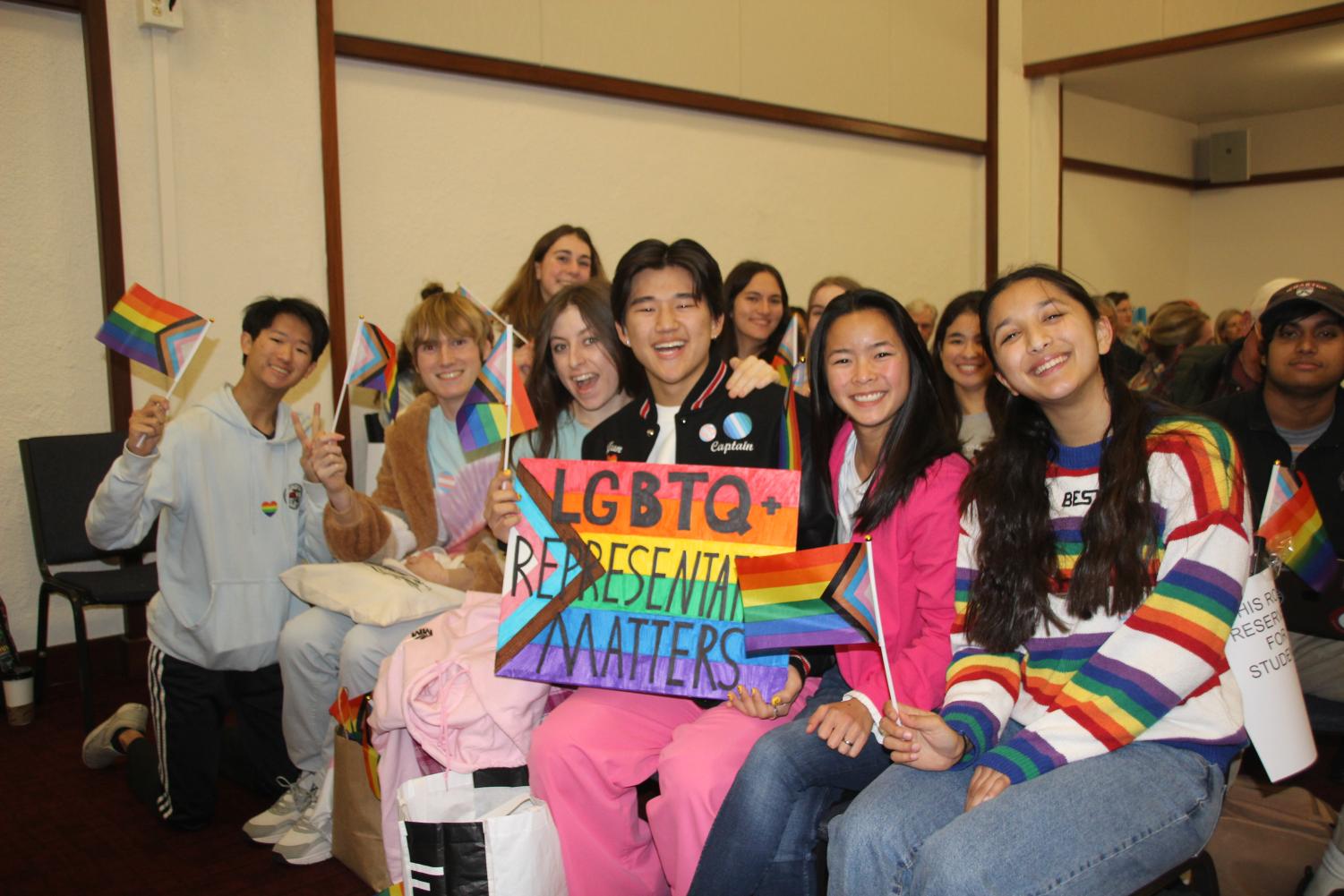 Members of GSA, PVHS/Pen alumni, teachers, parents, PVE Mayor Jim Roos, and author Kyle Lukoff’s parents, all spoke in support of LGBTQ+ visibility in schools. (Photo by Eva Mayrose)