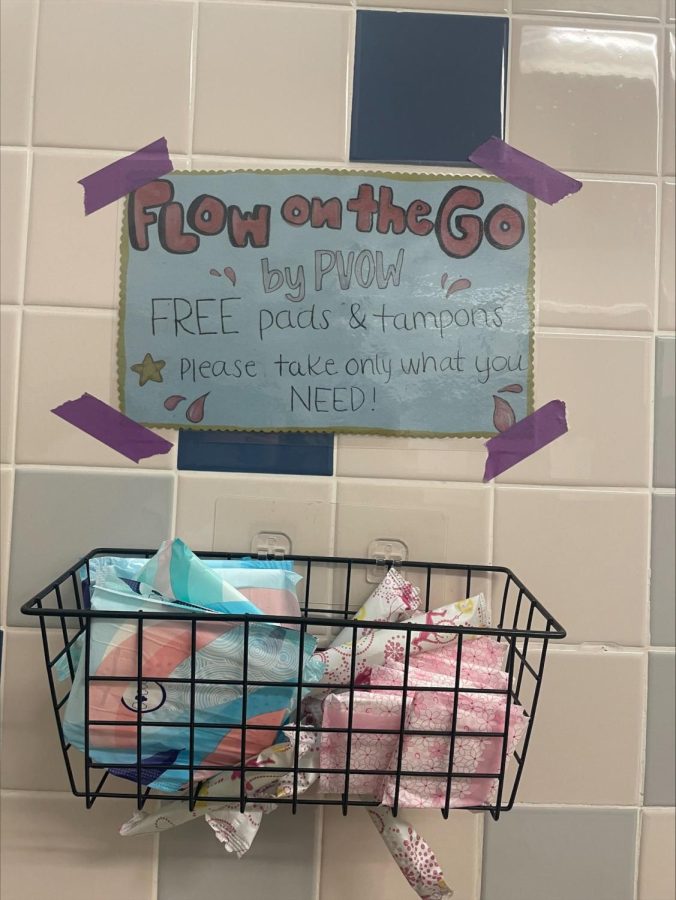 Free period products in girls’ bathrooms at PVHS. (Photo by Eva Mayrose)