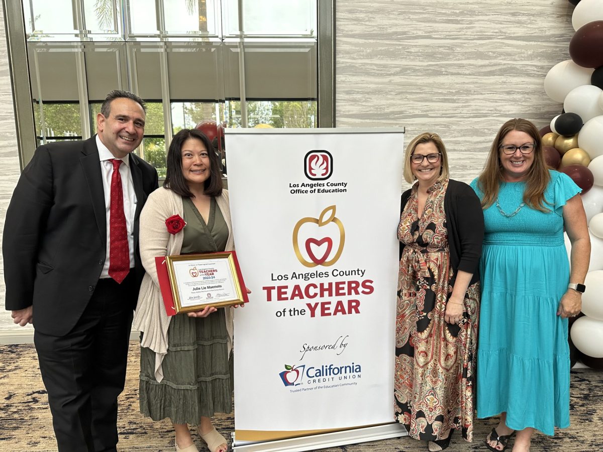 Assistant Superintendent of Human Resources Rick Licciardello, Teacher of the Year Julie Maemoto, Principal Dr. Trista Rarmirez, and teacher Julie Munoz at the Teacher of the Year awards ceremony (Photo credit Julie Maemoto)